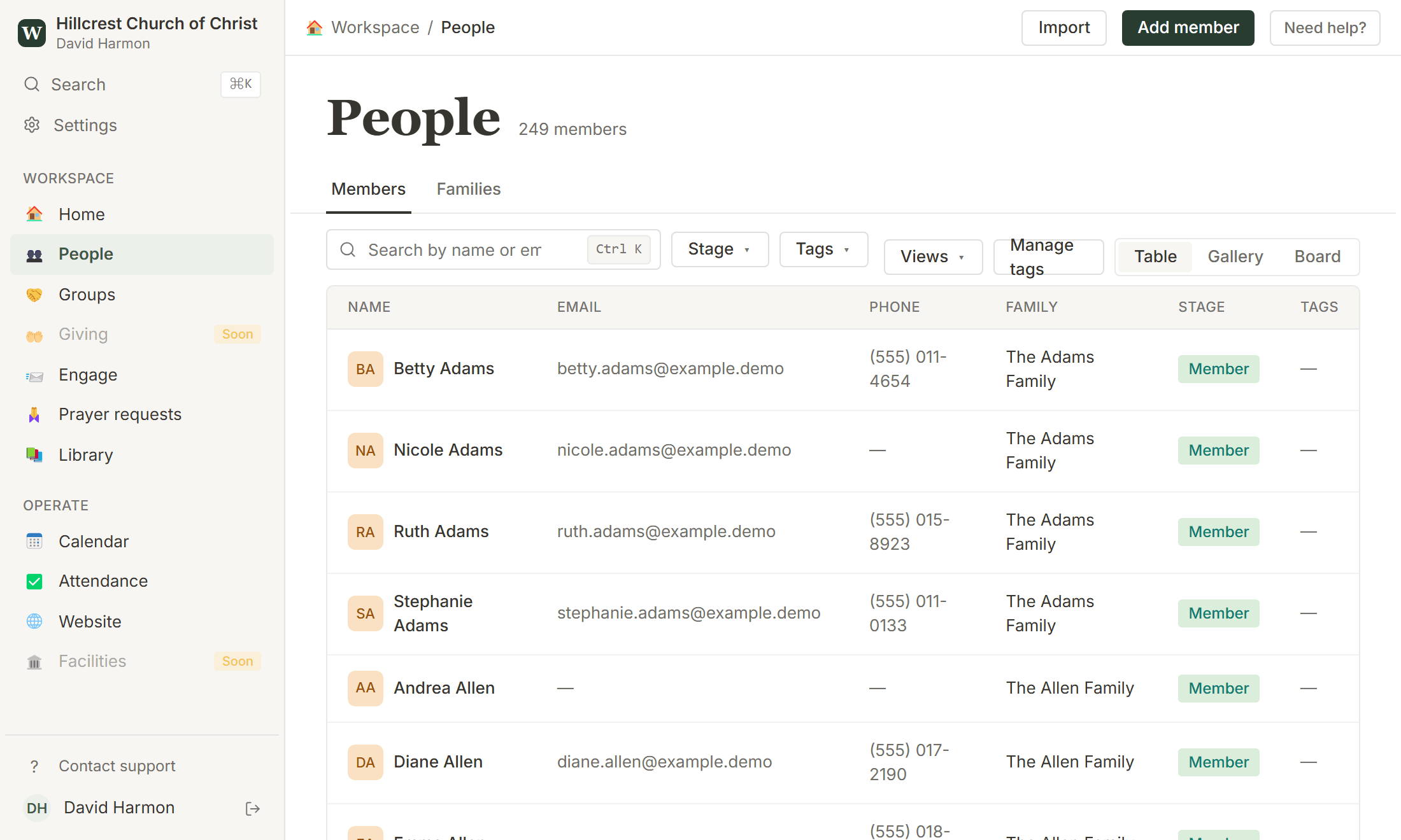 The WayHouse People list, showing members, visitors, households, and lifecycle stages in a calm table view.