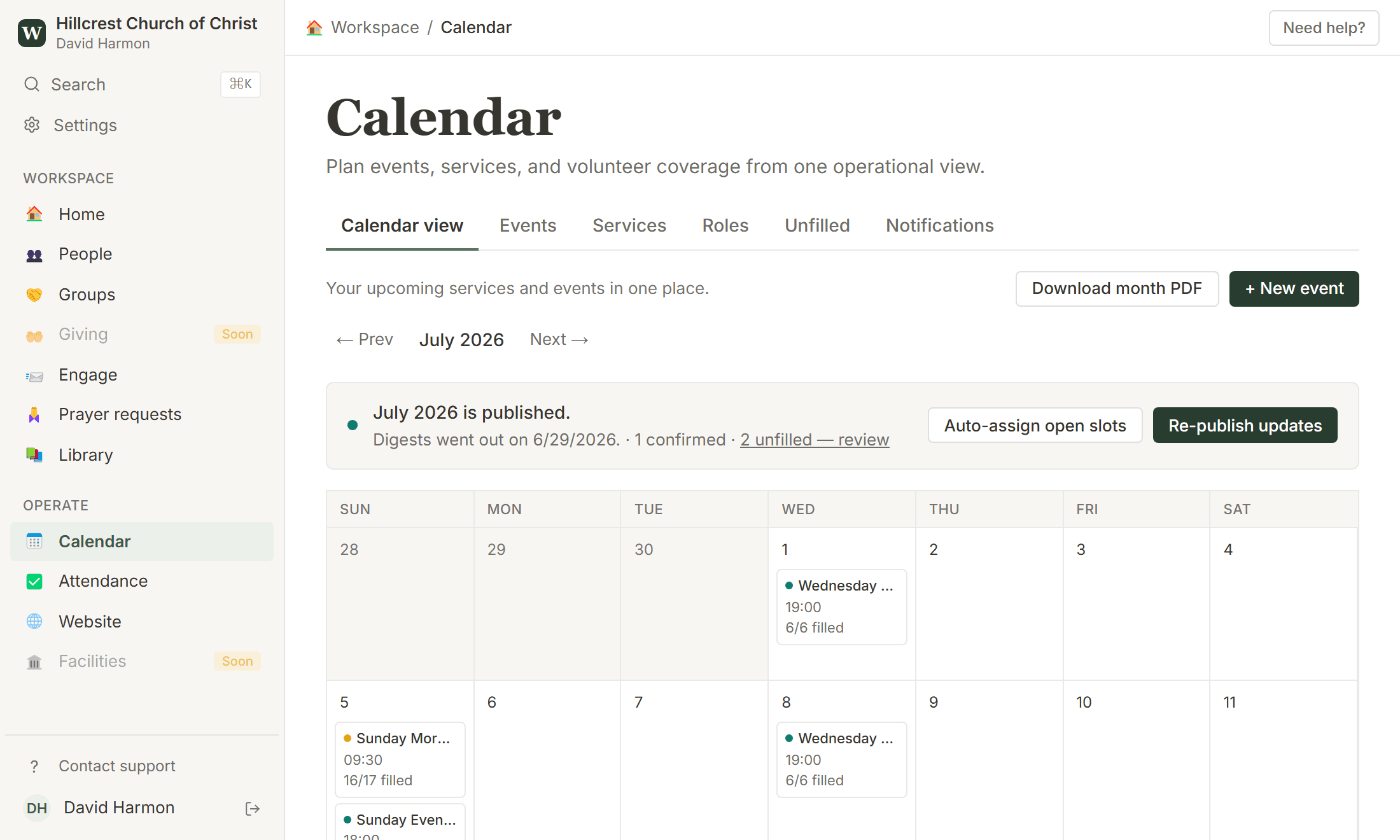 The WayHouse volunteer schedule, showing roles, assignments, and unfilled slots across an upcoming Sunday.